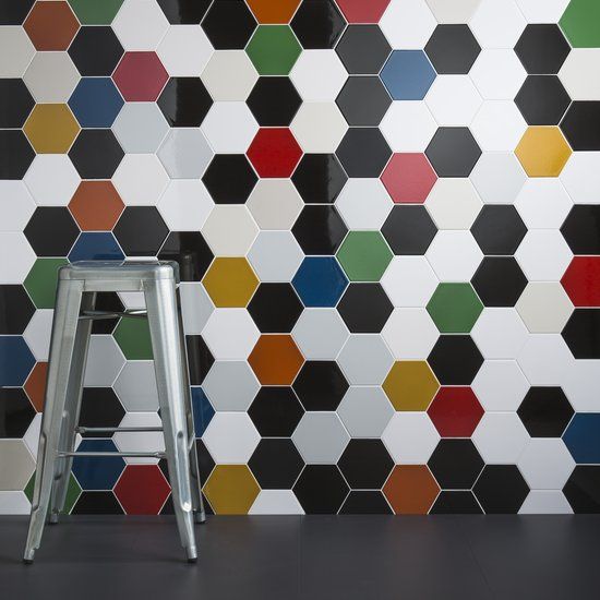 Prismatics White, Black, Shark, Old Lace, Flame, Strawberry, Jungle, Goldcrest and Teal Gloss Hexagons 150x173mm
