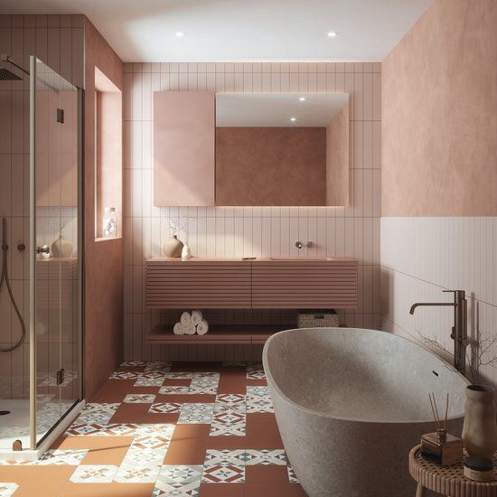 Spectrum Blush Satin 400x75mm with Oxford Terracotta, Hertford, Wadham, Pembroke & Somerville Natural 200x200mm